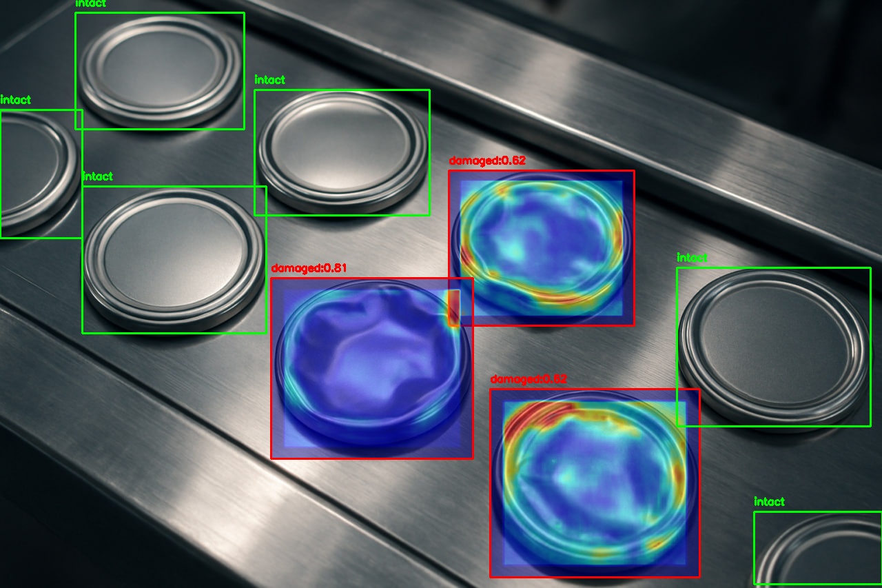 Обработанное нейросетью YOLO + EfficientAd с тепловой картой аномалий